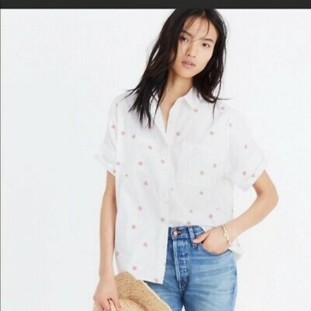 Madewell White Button-Up Shirt with Pink Dot Print